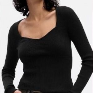 GAP Black Ribbed Square V-Neck Long Sleeve Sweater NWT